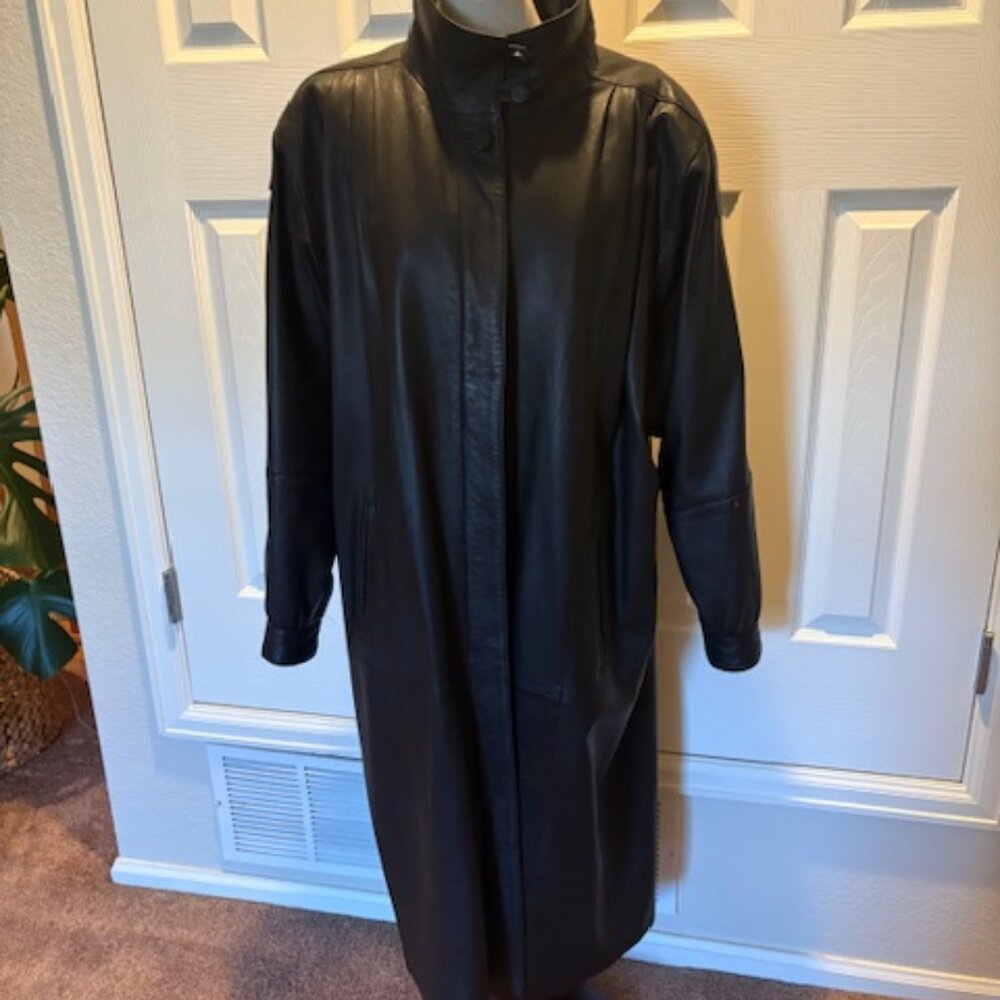 Vintage Cassidy Full Length Black Genuine Leather Coat, Size 12